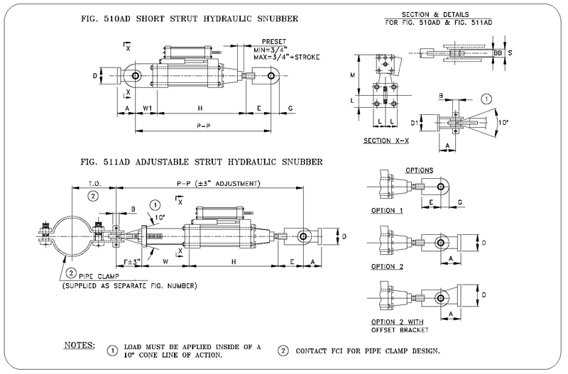 Fig. 510AD Short Strut Hydraulic Snubber and Fig. 511AD Adjustable Strut Hydraulic Snubber